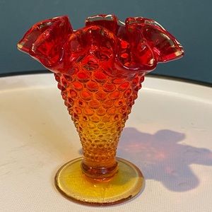 Vintage Hobnail Amberina ruffled vase - small